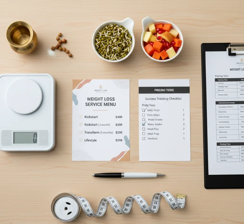 Best Dietician in Mysore for Weight Loss – Services, Results & Pricing: Display showing tiered weight loss service menu, success tracking checklist, kitchen scale, and measuring tape.