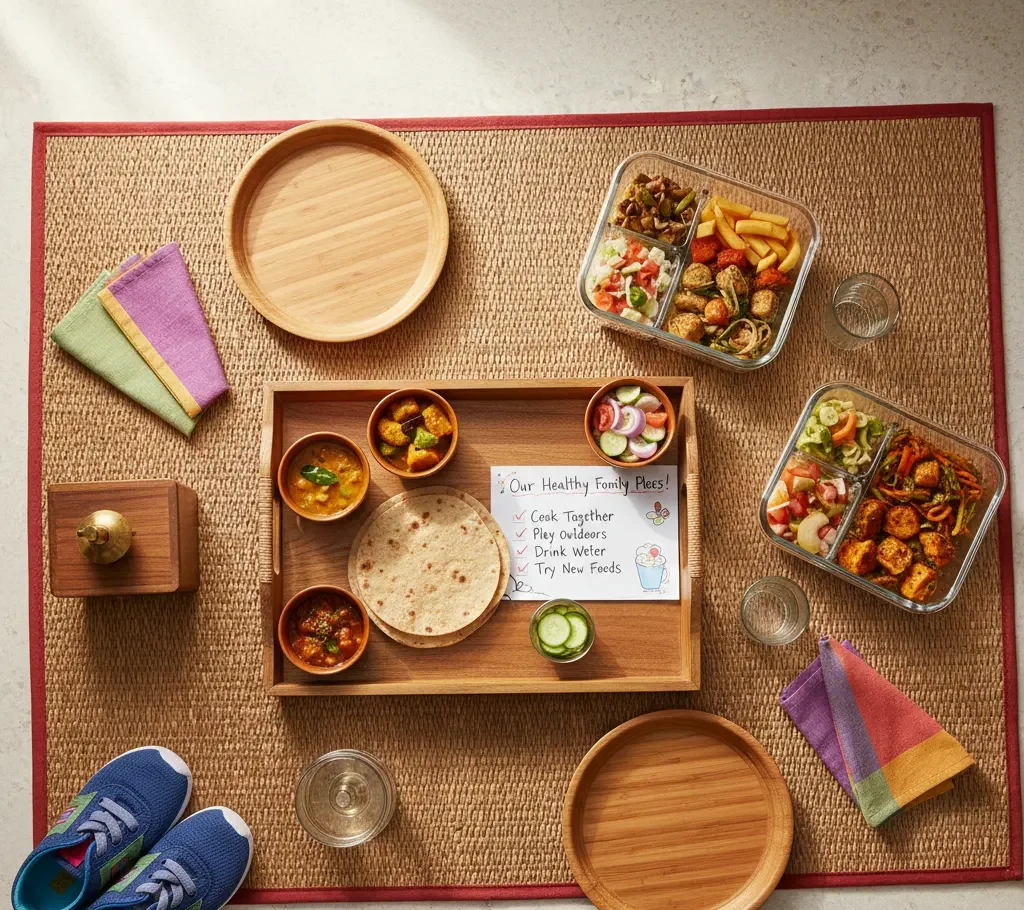 Flat-lay of a family meal planner, fresh local produce, and steel tumblers for Healthy New Year Resolution Ideas for Mysore Families: How to Eat Cleaner Together in 2025.