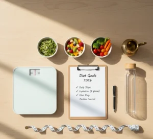 Flat-lay of healthy foods and planning tools, showcasing How to Set Realistic Diet Goals in 2026: A Step-by-Step Guide for Sustainable Weight Loss for a balanced lifestyle.