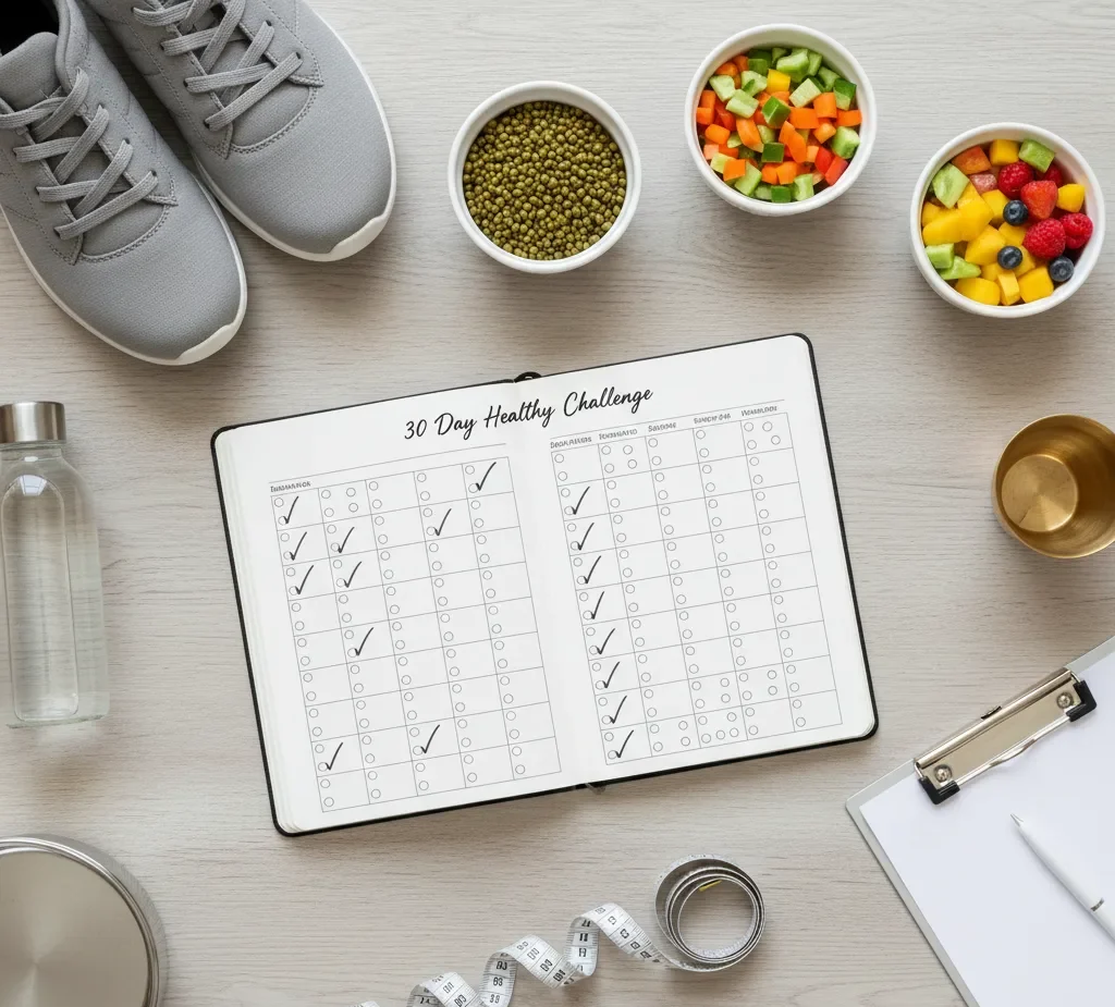 Healthy lifestyle flat-lay with a 30-day planner, fresh food, and activity gear for New Year Weight Loss Challenges in Mysore: 30-Day Diet Plan to Kickstart Fat Loss.