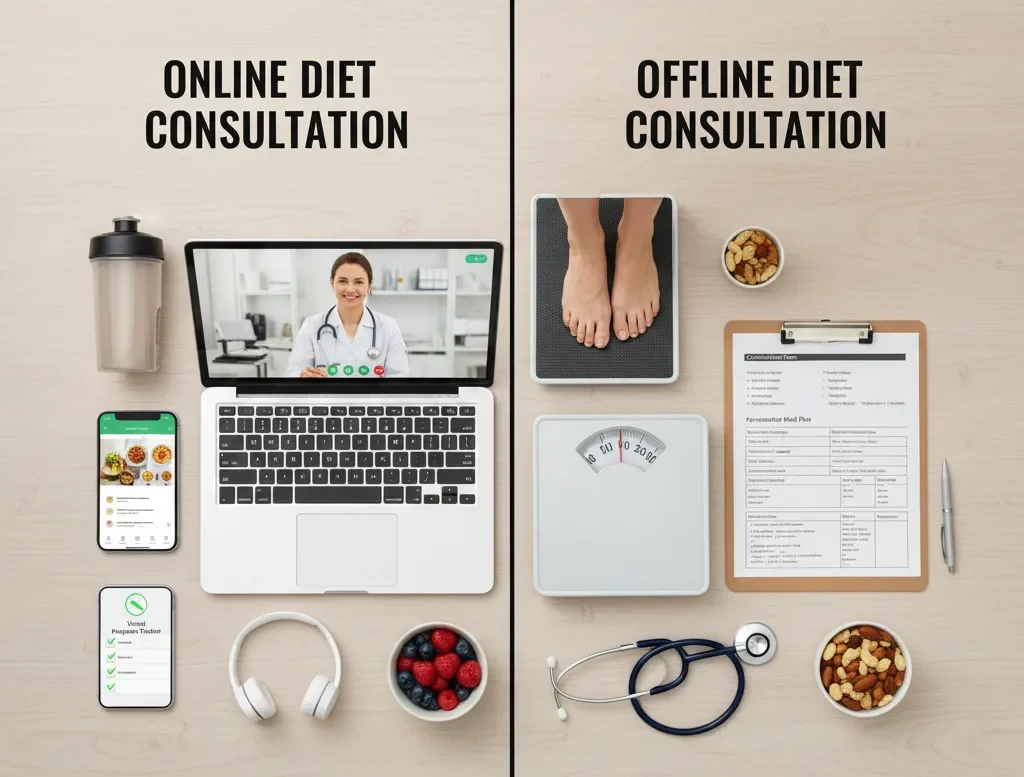 Split-screen flat-lay comparison of Online Diet vs. Offline Diet Consultation — Which Is Better for Weight Loss in 2026? with digital tools and traditional medical icons.