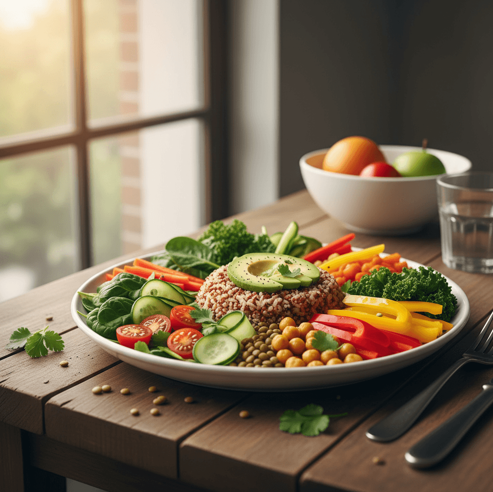 A Vibrant Plate of Veg and Healthy Food: Quinoa, Avocado, and Fresh Vegetables for a Nutritious Meal by a Sunny Window.