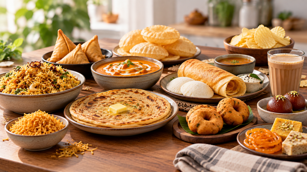 Indian food spread on a warm wooden table featuring biryani, sev, samosas, puris, potato chips, creamy curry, paratha with butter, dosa, idlis, vadas, tea, gulab jamun, jalebi, and assorted sweets. The scene uses warm golden-brown, orange, cream, white, and green tones with soft natural light and blurred plants in the background.