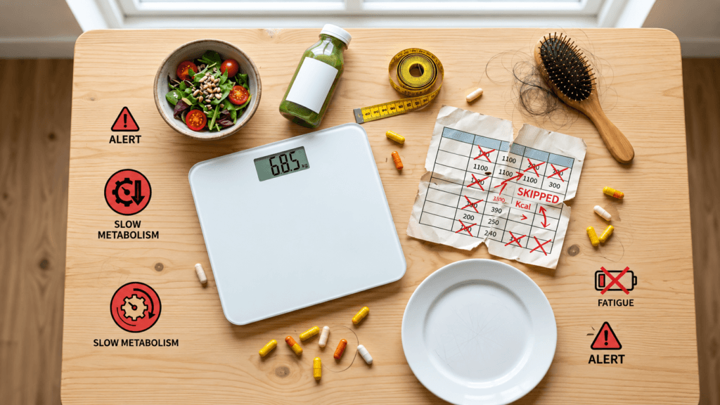 Top-down wellness scene on a light wooden table with a white digital scale showing 68.5 kg, salad bowl, green drink bottle, yellow measuring tape, hairbrush with loose hair, scattered capsules, empty white plate, and a crossed-out calorie chart marked “SKIPPED.” Red warning graphics highlight slow metabolism and fatigue, with an alert symbol; colors include natural wood, white, green, yellow, orange, and red.