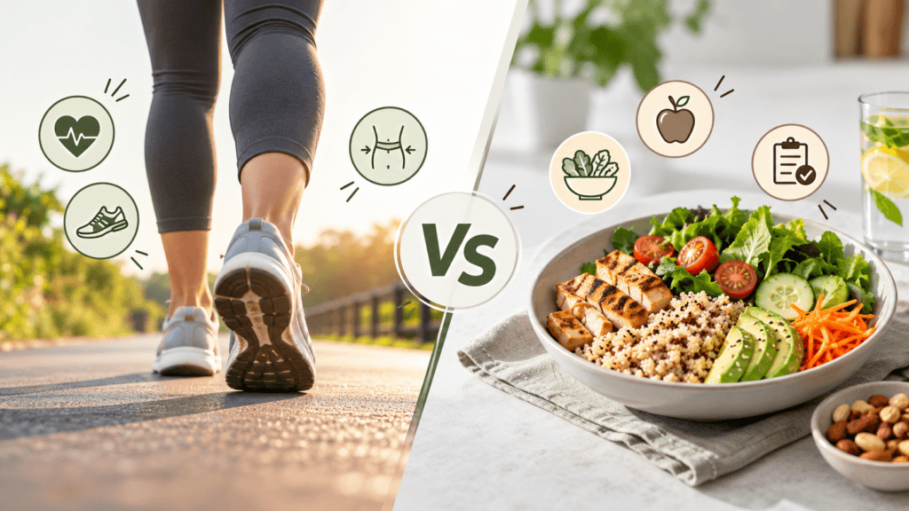 Split-screen wellness image comparing walking and a balanced meal, with a large “VS” in the center. Left side shows a person in black leggings and white sneakers walking outdoors with heart and fitness icons; right side shows a bowl of grilled chicken, quinoa, lettuce, tomatoes, cucumber, avocado and carrots, with apple, vegetables and checklist icons. Soft white, sage green, beige, warm brown and natural green tones create a fresh healthy aesthetic.
