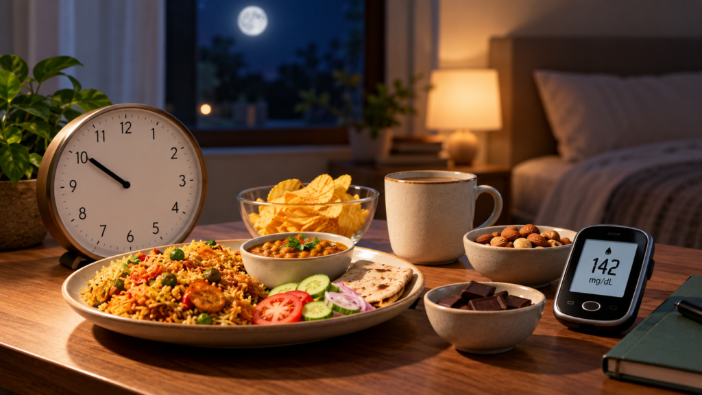 Nighttime scene showing a wooden table with vegetable rice, curry, flatbread, sliced cucumber and tomato, potato chips, tea, almonds, and chocolate. A glucose meter reads 142 mg/dL, beside a large clock, with a moonlit window, leafy plant, warm bedside lamp, and bed in the background. Warm brown, golden, cream, orange, green, and deep blue tones create a cozy evening setting.
