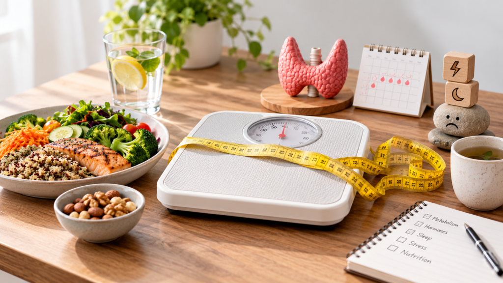 Wellness still life on a warm wooden table featuring a white analog scale with a yellow measuring tape, grilled salmon with quinoa and colorful vegetables, mixed nuts, lemon-mint water, green tea, and a pink thyroid model. A calendar shows menstrual-cycle markings, while stacked blocks display lightning, moon, and sad-face symbols; a notebook lists “Metabolism, Hormones, Sleep, Stress, Nutrition.” Colors include white, pink, green, yellow, orange, beige, and warm brown.