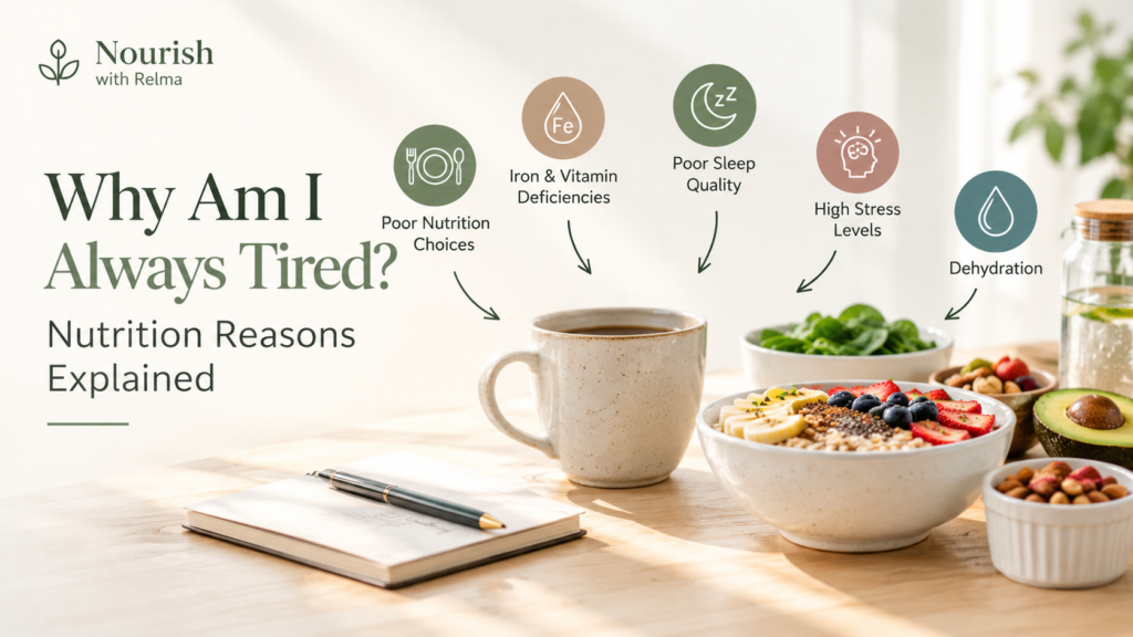 Nourish with Relma wellness graphic titled “Why Am I Always Tired? Nutrition Reasons Explained,” showing icons for poor nutrition choices, iron and vitamin deficiencies, poor sleep quality, high stress levels, and dehydration. A beige tabletop features coffee, a fruit-and-seed breakfast bowl, spinach, nuts, avocado, and a notebook with pen. The design uses soft cream, sage green, muted teal, terracotta, tan, and dark green tones.