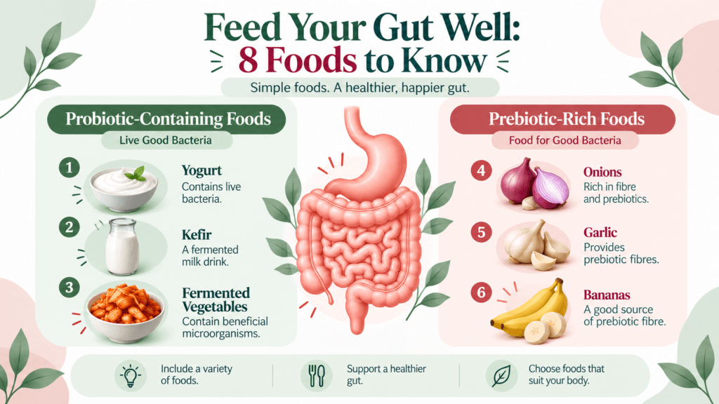 Infographic titled “Feed Your Gut Well: 8 Foods to Know,” with a soft cream-and-white background and green leaf accents. The left sage-green panel shows probiotic foods—yogurt, kefir, and fermented vegetables—with descriptions; the center features a pink digestive system illustration; the right soft-pink panel shows prebiotic foods—onions, garlic, and bananas—with fibre-related descriptions. Bottom icons highlight including varied foods, supporting a healthier gut, and choosing foods that suit your body. Main colors are dark teal, sage green, coral red, soft pink, cream, white, and natural food tones.