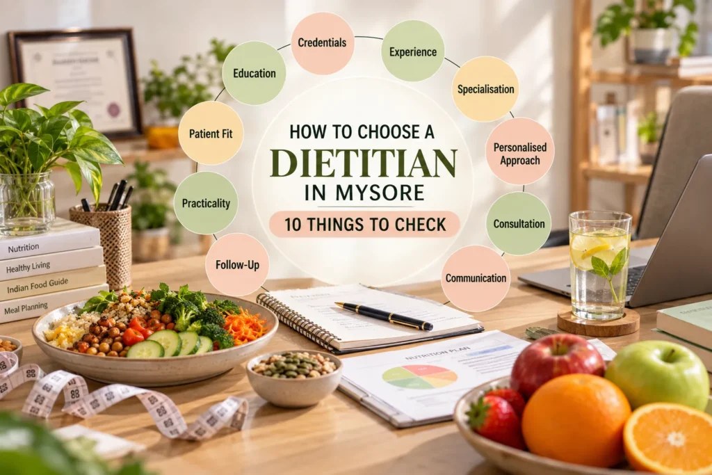A professional nutrition consultation workspace with a central infographic titled “How to Choose a Dietitian in Mysore: 10 Things to Check” in dark green and peach lettering. Around the main title, ten pastel green, peach, and yellow circular sections highlight Education, Credentials, Experience, Specialisation, Personalised Approach, Consultation, Communication, Follow-Up, Practicality, and Patient Fit. On the left, framed credentials, green plants, nutrition books, and a healthy grain-and-vegetable bowl create a professional nutrition setting. At the center-bottom, an open notebook, black pen, nutrition plan document, measuring tape, and bowl of seeds represent diet planning and consultation. On the right, a laptop, glass of lemon-mint water, fresh apples, orange, strawberries, and other fruits add a healthy lifestyle context. The warm wooden desk, soft natural lighting, neutral background, and greenery give the infographic a clean, professional, and approachable healthcare aesthetic.