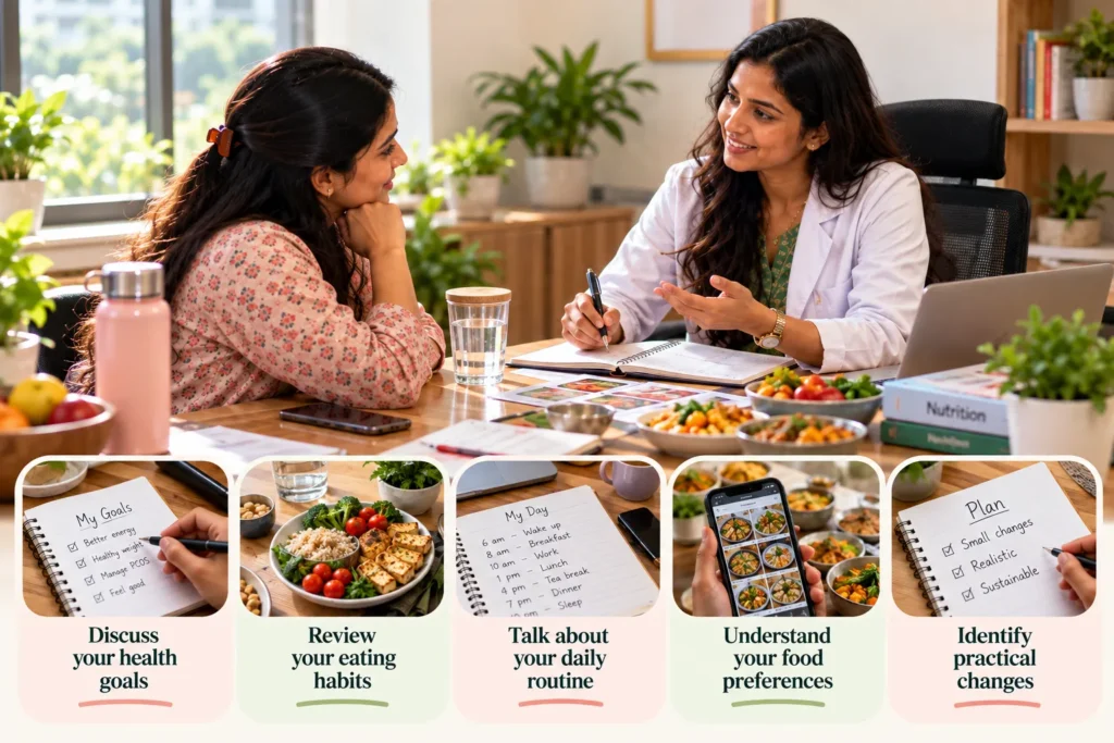 A South Asian female nutritionist in a white coat sits on the right side of a bright consultation room, smiling and discussing health and nutrition with a female client seated on the left. The nutritionist holds a pen and gestures while an open notebook, laptop, food photographs, water glass, and healthy dishes are arranged across the wooden desk. Along the bottom, five rounded pastel panels show a hand writing health goals, a balanced meal, a daily routine, food choices displayed on a smartphone, and a practical planning checklist. The panels use soft pink, pale green, and cream backgrounds with dark green headings and coral or green decorative underlines. The five sections read “Discuss your health goals,” “Review your eating habits,” “Talk about your daily routine,” “Understand your food preferences,” and “Identify practical changes.” The bright office includes indoor green plants, wooden furniture, a large window, nutrition books, and natural lighting, creating a calm and welcoming dietitian consultation setting.