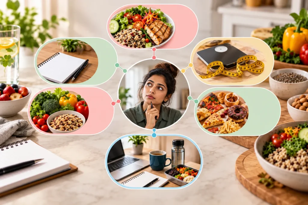 A health-focused collage shows an Indian woman in a green shirt at the center, holding a pen to her chin and looking upward thoughtfully while planning her nutrition and lifestyle. At the top, a pink-framed image shows a balanced meal with grilled chicken, quinoa, leafy greens, tomatoes, cucumber and carrots, while the upper-right panel shows a black weighing scale with a yellow measuring tape. On the left, green and pink panels display a blank notebook and pen, followed by fresh broccoli, bell peppers, tomatoes, leafy vegetables and a bowl of grains. On the right, a green panel shows assorted pastries, pizza, cookies and other processed foods, contrasting with the healthier meal choices. A blue panel at the bottom shows a laptop, notebook, pen, blue coffee cup, stainless-steel bottle and a prepared meal container, representing meal planning in a work setting. The background features fresh fruits, vegetables, grains, nuts, lemon water and notebooks, with soft pastel green, pink, yellow and blue accents creating a clean nutrition-planning theme.