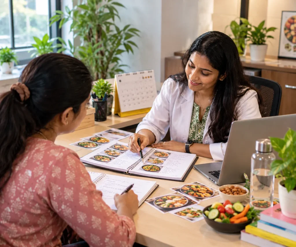 An Indian female nutritionist in a white coat sits on the right side of a bright consultation office, smiling and pointing with a pen at a detailed meal-planning booklet. A female client in a pink patterned top sits in the left foreground, writing notes in an open notebook while following the nutritionist’s guidance. The desk is covered with colorful meal-plan photographs, an open food guide, a laptop, a stainless-steel water bottle, almonds and a bowl of fresh cucumber, tomato, carrot and leafy vegetables. Several printed food images are spread across the light wooden desk, showing different healthy meal combinations being reviewed during the consultation. The background features large windows, wooden furniture, green potted plants, a desk calendar and framed food artwork, creating a warm professional setting. The image uses natural green, white, beige and warm wood tones to represent personalized nutrition planning and healthy meal guidance.