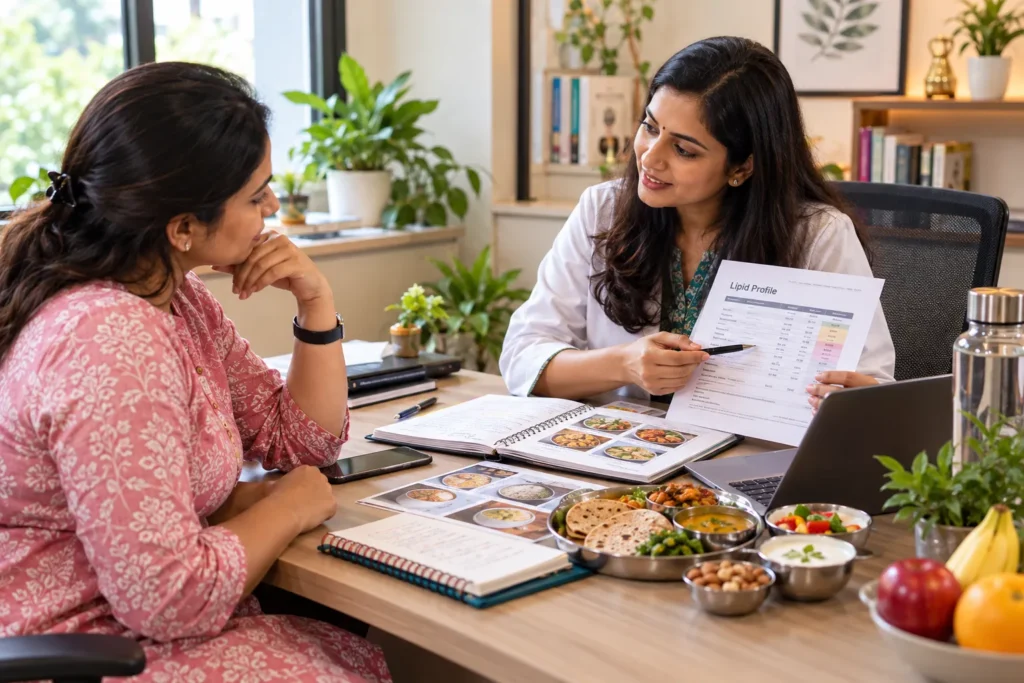 Two Indian women sit across a wooden desk in a bright, plant-filled nutrition consultation room, discussing dietary health and meal planning. On the right, the dietitian in a white coat holds a lipid profile report and points to its results with a black pen while explaining the information. On the left, the client wears a pink patterned kurta and listens attentively, with a smartphone and notebooks placed in front of her. The desk displays an Indian meal with chapati, vegetables, dal, curd, nuts and fresh fruits, alongside meal-planning sheets and food photographs. A laptop, notebooks, stainless-steel water bottle and additional nutrition materials are arranged across the warm wooden workspace. Green indoor plants, bookshelves, framed artwork and natural window light create a calm professional setting representing personalised nutrition counselling and dietary guidance.