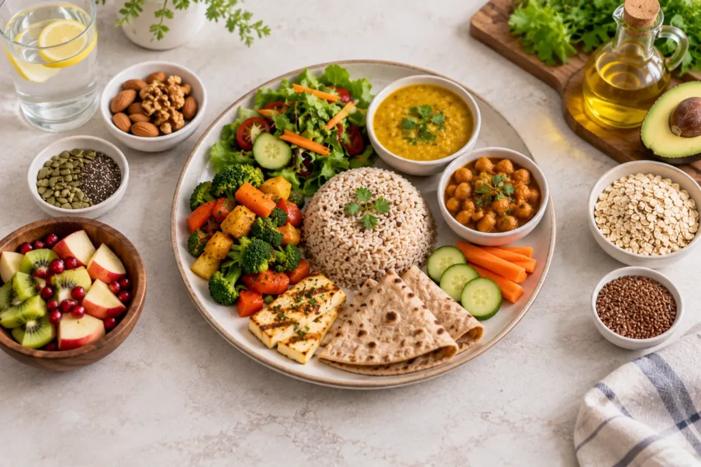 Realistic healthy meal photograph featuring a large round plate in the centre with brown rice, grilled tofu, whole-wheat flatbread, chickpeas, lentil curry, broccoli, roasted vegetables, carrots, cucumber and fresh salad greens. At the upper-left is a glass of lemon water, with bowls of almonds, walnuts, chia seeds and pumpkin seeds arranged nearby. The lower-left contains a wooden bowl of sliced apples, kiwi and red berries, while oats and ground flaxseeds are placed in bowls on the right. The upper-right shows a wooden board with leafy greens, olive oil and half an avocado, creating a fresh natural food setting. The meal is presented on a light beige stone surface with warm green, orange, red and brown food colours, accompanied by a folded checked kitchen towel at the lower-right.