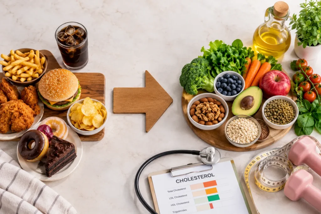 Realistic nutrition and health infographic showing an unhealthy-to-healthy dietary transition, with fast food, fried chicken, fries, burger, chips, doughnuts and chocolate cake arranged on the left side. A large wooden arrow in the centre points from the less nutritious food choices toward a colourful selection of broccoli, lettuce, carrots, blueberries, apple, avocado, tomatoes, lentils, oats, nuts and seeds on the right. At the bottom centre, a stethoscope rests beside a clipboard labelled “CHOLESTEROL”, displaying Total Cholesterol, LDL Cholesterol, HDL Cholesterol and Triglycerides indicators. A yellow measuring tape and pink dumbbells appear at the lower right, representing weight management and physical activity. The composition uses a bright neutral background with warm wooden serving boards and natural green, red, orange and yellow food colours, creating a clean health-focused visual.