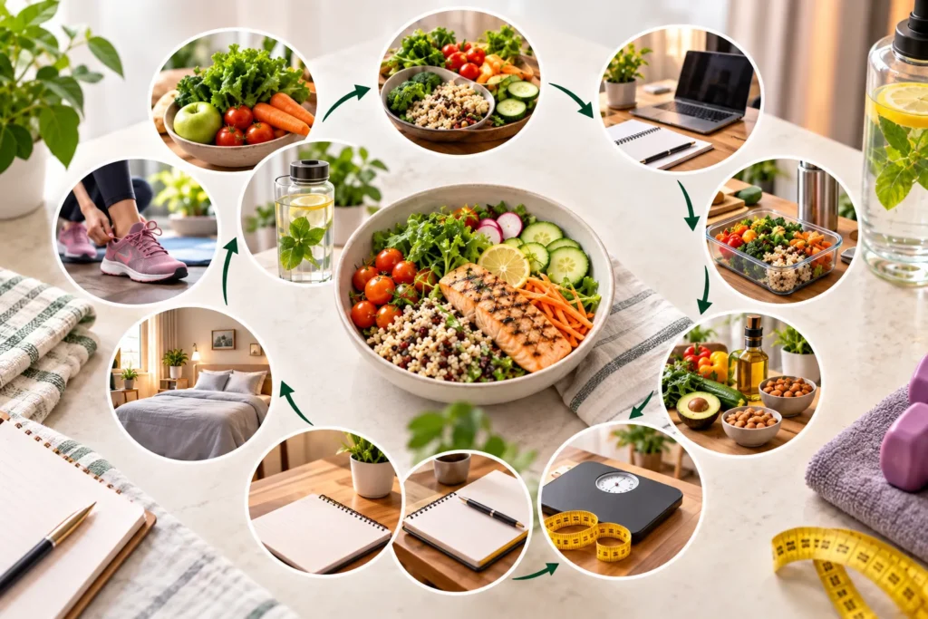 A healthy lifestyle collage features a colorful grilled salmon and quinoa salad bowl at the center, surrounded by circular lifestyle images connected by dark green arrows. The surrounding circles show fresh vegetables and fruits at the upper left, a balanced meal at the top, meal planning with a laptop and notebook at the upper right, and a prepared meal container on the right. Lower circles show vegetables with nuts and olive oil, a weighing scale with a yellow measuring tape, notebooks for tracking meals, and a calm bedroom representing healthy sleep. On the left, a person wearing pink athletic shoes represents physical activity, while a clear lemon-and-mint water bottle adds hydration to the wellness theme. The background uses soft white and beige tones with green plants, a striped cloth, a notebook, and a pink dumbbell with a folded towel at the edges. The circular layout and directional arrows visually represent connected healthy habits including nutritious eating, meal planning, exercise, hydration, sleep, tracking and weight management.