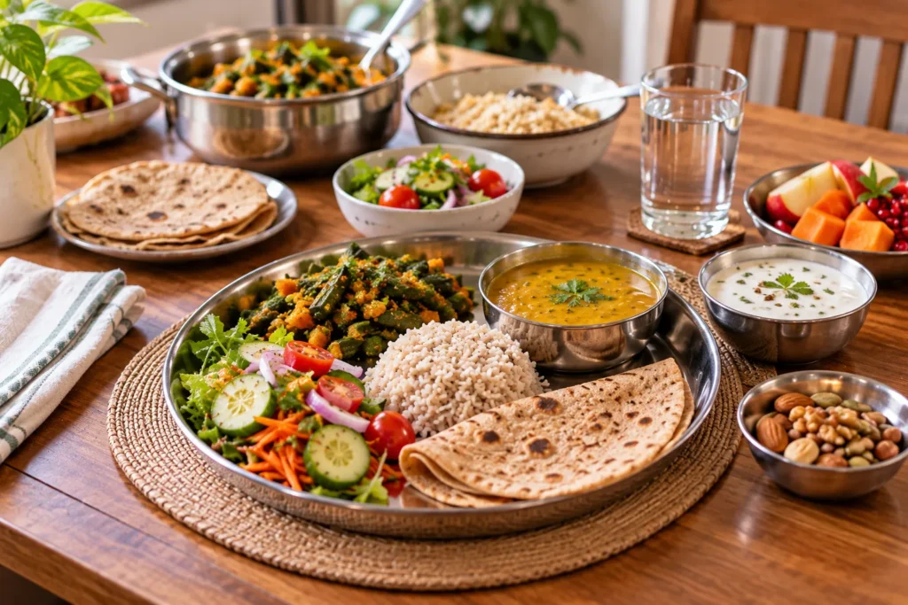 A traditional Indian meal is arranged on a warm wooden dining table, featuring a large stainless-steel thali in the center. The thali contains white whole-grain rice, dal, vegetable curry, fresh salad with cucumber, tomato, onion and carrots, and folded chapatis in earthy brown tones. At the back, bowls of cooked vegetables, grains and salad are arranged alongside a clear glass of water and a bowl of fresh fruits including apple, papaya and pomegranate. On the right, a bowl of curd garnished with herbs and spices sits beside a small bowl of mixed almonds, cashews and other nuts. The natural green vegetables, orange carrots, red tomatoes and fresh fruits create a colorful, balanced-food composition. The scene uses warm natural lighting, wooden textures and a homely dining setting to represent a wholesome Indian meal and healthy everyday nutrition.
