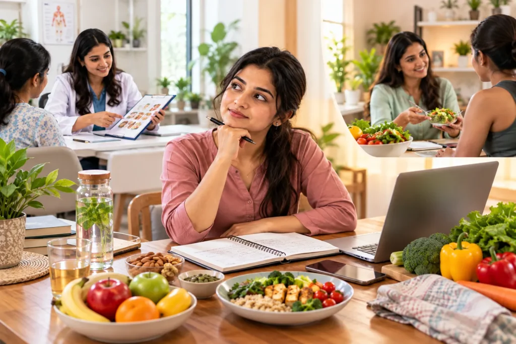 A bright, warm-toned nutrition consultation scene featuring an Indian woman in a dusty pink top seated at the center, holding a pen near her chin and looking thoughtfully upward. In the upper left, a female nutritionist in a white coat discusses a food plan with another woman using a clipboard, while the upper right shows a nutrition consultation with a woman eating a fresh salad. The wooden table in the foreground contains a colorful healthy meal bowl with grilled protein and vegetables, fresh fruits, almonds, seeds, water, and a glass bottle with mint and lemon. A silver laptop sits on the right beside fresh broccoli, lettuce, yellow and red bell peppers, carrots, and other vegetables. An open notebook, smartphone, books, and nutrition planning materials are arranged around the table, creating a practical healthy-lifestyle setting.