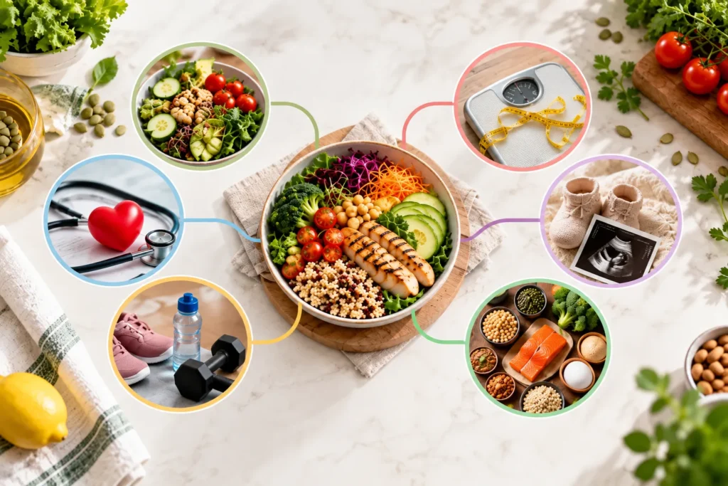 A top-down healthy nutrition composition with a colorful grilled chicken and vegetable bowl placed at the center on a light marble surface. Around the central bowl are six circular visuals connected with curved colored lines, showing a fresh salad at the upper left and a weighing scale with measuring tape at the upper right. The left middle circle shows a red heart with a stethoscope, while the lower left circle features pink athletic shoes, a water bottle, and a black dumbbell. The right middle circle displays baby booties with an ultrasound image, and the lower right circle shows protein-rich foods including salmon, eggs, chickpeas, nuts, and broccoli. Fresh vegetables, tomatoes, herbs, pumpkin seeds, a lemon, and other natural ingredients are arranged around the edges, creating a bright, clean, wellness-focused setting.
