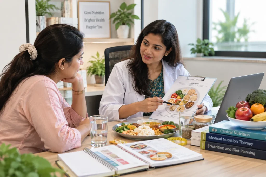 A professional nutrition consultation shows an Indian female nutritionist in a white coat seated on the right, holding a food portion chart and pointing to different meal sections with a pen. An Indian female client in a light pink top sits on the left, listening attentively during the personalized nutrition discussion. The wooden table holds a balanced Indian meal, glasses of water, nutrition charts, an open notebook, measuring tape and a small container of seeds. On the right side, a laptop sits beside a bowl of colorful fruits and vegetables, with books titled “Clinical Nutrition,” “Medical Nutrition Therapy,” and “Nutrition and Diet Planning.” The bright consultation room features natural daylight, large windows, indoor green plants, wooden furnishings and a calm beige-and-green color palette.