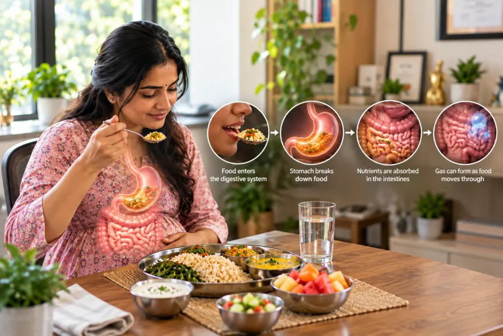 A photorealistic Indian woman in a pink floral kurta sits on the left, eating a healthy Indian meal at a wooden dining table, with a subtle digestive-system visualization over her abdomen. On the right, four circular medical illustrations connected by white arrows show food entering the digestive system, the stomach breaking down food, nutrients being absorbed in the intestines, and gas forming as food moves through the gut. The woman holds a spoon near her mouth, while the foreground table contains rice, leafy vegetables, dal, yogurt, salad, fruit and a glass of water. The digestive organs are shown in soft pink and red tones with a glowing orange stomach, keeping the medical visualization integrated but secondary to the lifestyle scene. The background has warm beige and brown tones, indoor plants, wooden shelving and natural window light, creating a clean, educational and approachable healthcare setting.