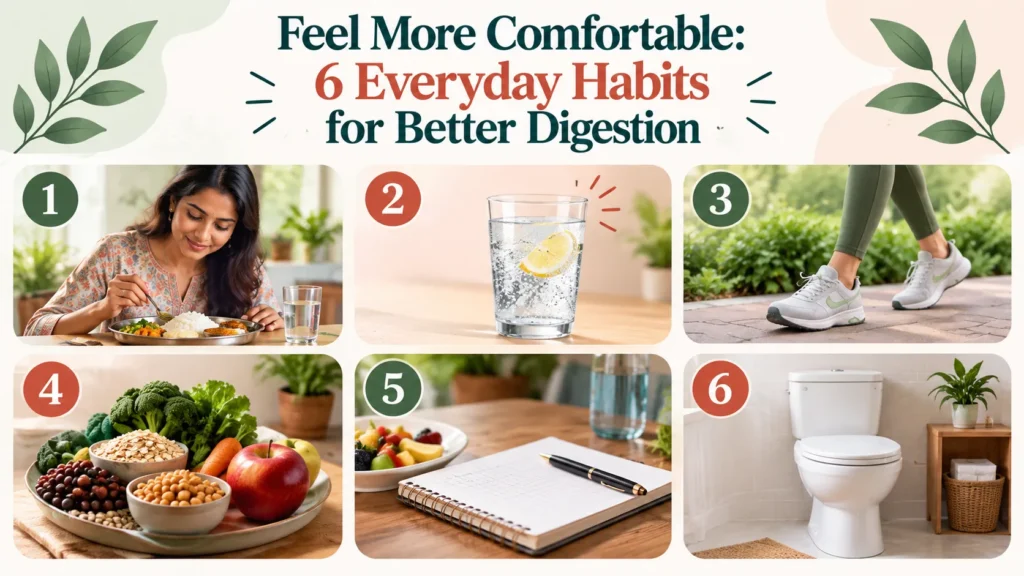 A clean infographic titled “Feel More Comfortable: 6 Everyday Habits for Better Digestion” uses a soft cream background with dark green and terracotta typography and botanical leaf illustrations in the upper corners. The top row shows three numbered visuals: an Indian woman eating a balanced meal, a glass of water with lemon, and a person walking outdoors in white sneakers. The bottom row features nutrient-rich foods including broccoli, leafy greens, oats, legumes, carrots and apples, followed by a notebook and pen beside fresh fruit and water. The final panel on the bottom right shows a clean white toilet in a bright, organized bathroom, representing healthy bowel habits. Green and terracotta numbered circles clearly identify all six habits, with rounded image panels and a warm, natural lifestyle photography style throughout.
