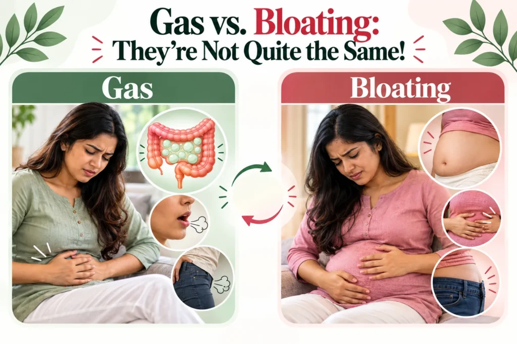 A medical infographic titled “Gas vs. Bloating: They’re Not Quite the Same!” on a soft cream background with green and red accents. The left green “Gas” section shows an Indian woman in a light green top holding her abdomen, with illustrations of the digestive tract, gas, and abdominal discomfort. The right red “Bloating” section shows an Indian woman in a pink top holding her swollen abdomen, with circular close-ups highlighting abdominal fullness and tight clothing. A curved green and red arrow between the two sections visually contrasts gas and bloating symptoms. Leaf illustrations decorate the upper corners, while rounded panels, white borders, and subtle pastel backgrounds create a clean medical-editorial design.