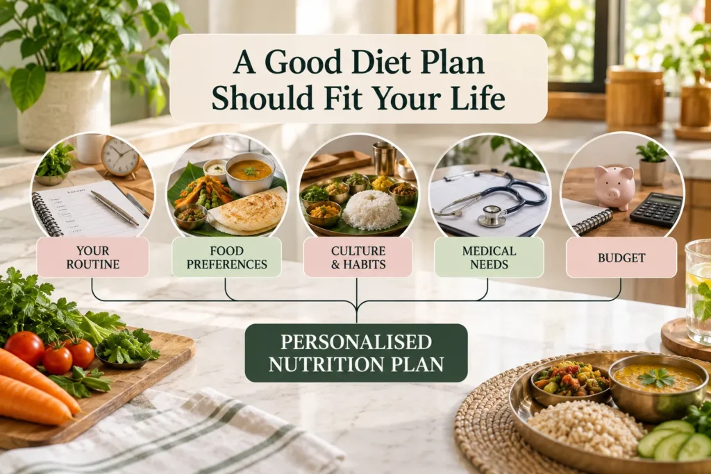 Infographic titled “A Good Diet Plan Should Fit Your Life” displayed on a bright, warm kitchen-style background with natural greenery and wooden surfaces. Five circular images across the centre represent your routine, food preferences, culture and habits, medical needs, and budget, connected by thin dark lines to a central dark-green panel labelled “PERSONALISED NUTRITION PLAN.” The first circle shows a notebook and pen representing daily routine, while the second and third show Indian meals including dosa, vegetables, rice, curries and side dishes representing food preferences and cultural eating habits. The fourth circle shows a stethoscope and medical documents for medical needs, while the fifth shows a pink piggy bank, calculator and notebook representing budget considerations. Fresh carrots, tomatoes and leafy greens appear on a wooden board at the lower left, while a plated Indian-style meal with rice, vegetables, curry and cucumber is positioned at the lower right. The overall design uses cream, soft pink, pale green and dark green panels to communicate that nutrition planning should consider an individual’s lifestyle, preferences, health needs and affordability.