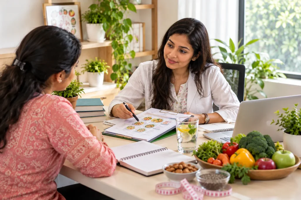 A realistic nutrition consultation scene with a female dietitian in a white floral-patterned coat seated on the right, discussing a meal plan with a female client in a pink patterned top on the left. The dietitian holds a black pen and points to a nutrition plan with food illustrations placed on a clipboard at the center of the desk. A silver laptop is positioned on the right, while open notebooks, nutrition books, a glass of lemon and mint water, and a measuring tape are arranged across the wooden table. In the foreground and lower right, bowls of almonds and chia seeds sit beside a wooden bowl filled with broccoli, lettuce, tomatoes, bell pepper, and apples. The background features warm wooden shelves, framed nutrition artwork, and several green indoor plants, with natural daylight entering through the large window on the right. The overall image uses warm beige, green, white, and natural wood tones to create a bright, calm, professional nutrition consultation setting.