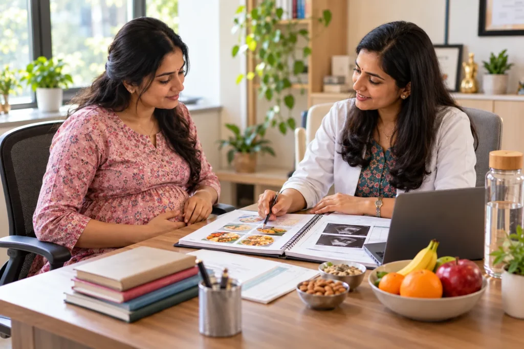 A realistic Indian nutrition consultation shows a woman in a pink floral kurta seated on the left, while a female dietitian in a white coat sits on the right and discusses a meal plan with her. The dietitian points with a black pen to food images and nutrition information displayed across an open spiral-bound planner on the wooden table. A silver laptop is positioned on the right, with printed documents and reference materials spread across the table between them. In the foreground, stacked books, a pen holder, bowls of almonds and seeds, and a fruit bowl containing bananas, oranges and apples add healthy-lifestyle context. The warm beige and brown interior includes green plants, wooden shelving, framed decor and natural window light, creating a professional, welcoming and personalized healthcare consultation setting.