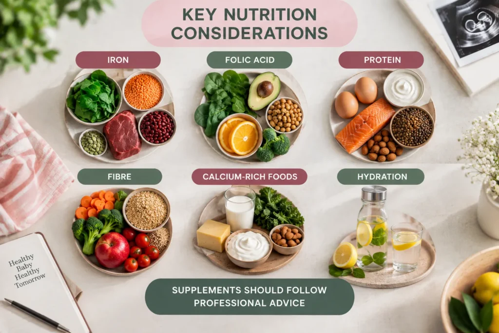 A pregnancy nutrition infographic titled “Key Nutrition Considerations,” featuring six food categories: iron, folic acid, protein, fibre, calcium-rich foods, and hydration, illustrated with leafy greens, lentils, meat, avocado, eggs, salmon, dairy products, fruits, vegetables, nuts, and lemon-mint water. A pregnancy ultrasound, notebook reading “Healthy Baby, Healthy Tomorrow,” and a dark sage-green banner stating “Supplements Should Follow Professional Advice” complete the design, using a soft white, blush pink, burgundy, and sage-green palette.