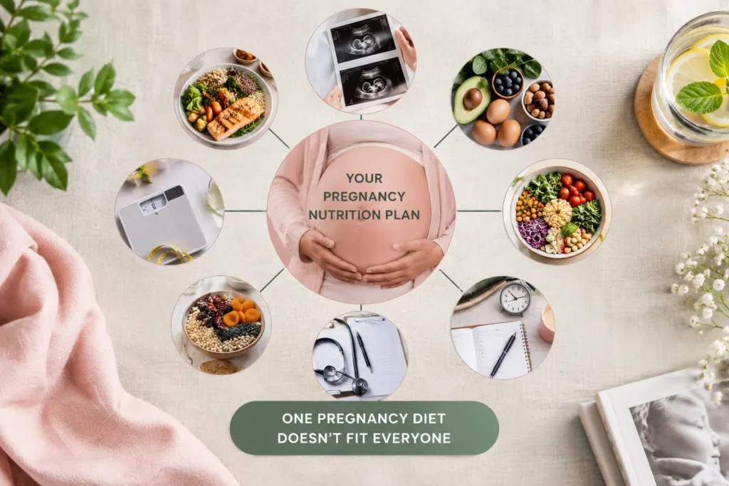 A pregnancy nutrition infographic featuring a pregnant woman holding her belly, surrounded by circular images of healthy meals, fruits, nuts, avocado, vegetables, a weighing scale, ultrasound scans, medical equipment, and a pregnancy planner. The central text reads “Your Pregnancy Nutrition Plan,” with a green banner stating “One Pregnancy Diet Doesn’t Fit Everyone.” Soft sage green, blush pink, cream, and white tones create a clean, calming, wellness-focused design.
