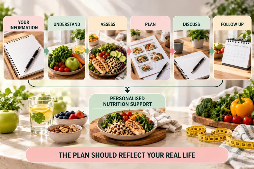 Realistic nutrition infographic showing a six-step personalized nutrition process across the top: “Your Information,” “Understand,” “Assess,” “Plan,” “Discuss,” and “Follow Up,” connected by colored arrows. The panels contain images of a notebook, fresh vegetables, a balanced salmon meal, a personalized meal-plan sheet, a nutrition discussion workspace and a calendar for follow-up. A central pale green panel below reads “Personalised Nutrition Support” and features a balanced meal with grilled salmon, vegetables and grains on a wooden serving board. The lower background includes fresh apples, berries, nuts, lemon water, vegetables and a yellow measuring tape arranged across a bright kitchen table. Soft pastel pink, green and peach panels with dark green text create a clean, professional nutrition-planning design. A wide pink banner at the bottom reads “The Plan Should Reflect Your Real Life,” emphasizing individualized nutrition support and ongoing follow-up.