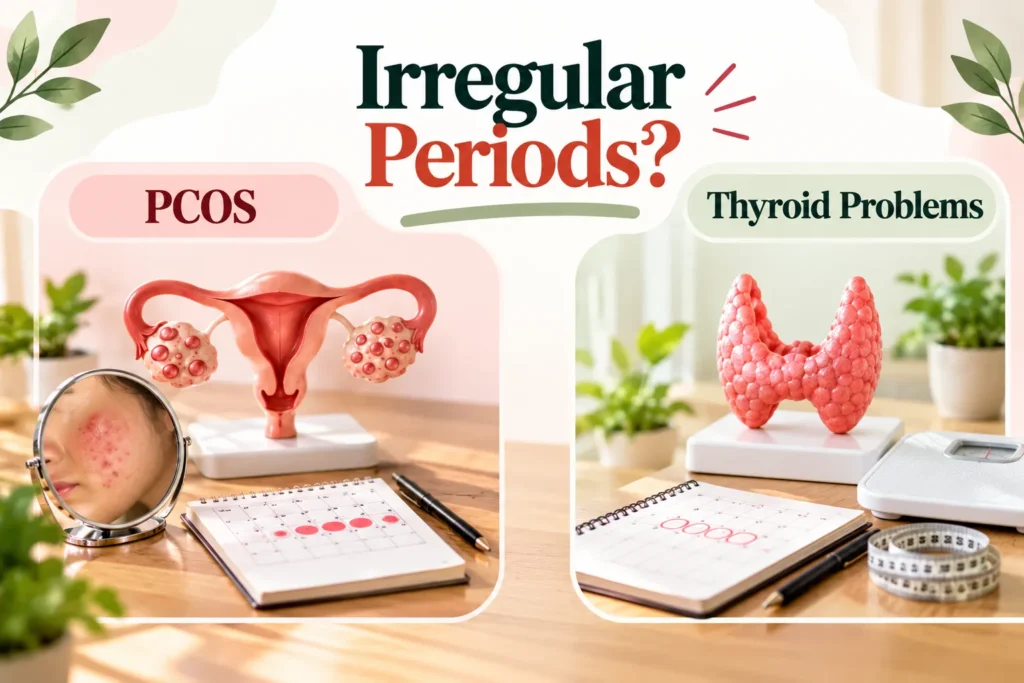 A clean health infographic titled “Irregular Periods?” appears at the top center in dark green and terracotta-red text, with a muted green underline and decorative red accent marks. The left pink-toned panel is labeled “PCOS” and shows a realistic anatomical uterus model with multiple ovarian cysts, alongside a calendar marked with menstrual dates and a magnifying mirror showing acne-prone skin. The right pale green panel is labeled “Thyroid Problems” and features a pink thyroid gland model on a white stand, with a menstrual calendar, weighing scale, and measuring tape below. Both sections are arranged on a warm wooden tabletop with soft natural lighting, green plants, and a bright neutral indoor background. Rounded white borders separate the two panels, while muted pink, cream, sage green, and terracotta tones create a soft medical and lifestyle aesthetic. The infographic visually presents PCOS and thyroid problems as possible factors associated with irregular periods.