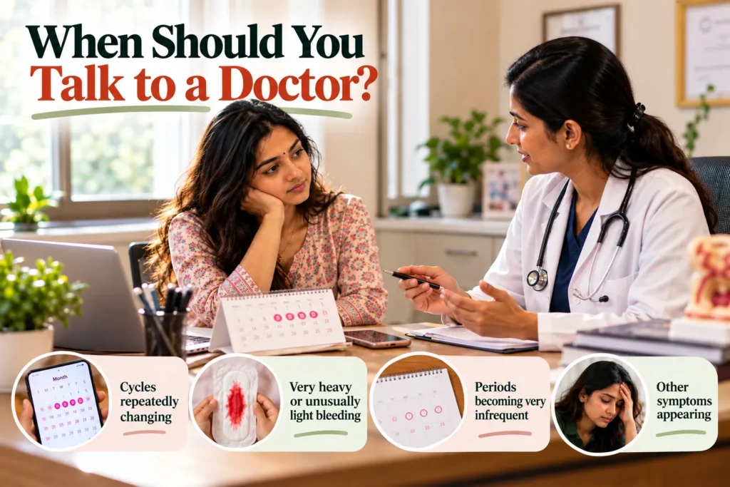 A realistic Indian female patient in a pink floral top sits on the left side of a bright medical consultation room, resting her chin on her hand while listening to a female doctor. The doctor sits on the right wearing a white coat over navy scrubs with a stethoscope, holding a pen and discussing the patient's concerns. Large dark green and terracotta text at the top left reads “When Should You Talk to a Doctor?”, with a muted green underline. Along the bottom are four rounded information panels showing a period-tracking phone, heavy bleeding, a menstrual calendar, and a woman experiencing discomfort, representing changing cycles, unusual bleeding, infrequent periods, and other symptoms. The room has warm beige tones, large windows, green plants, framed wall art, a laptop, notebooks, a desk calendar, and medical materials creating a clean professional setting. The overall image visually explains when menstrual changes or symptoms may indicate that it is time to consult a doctor.
