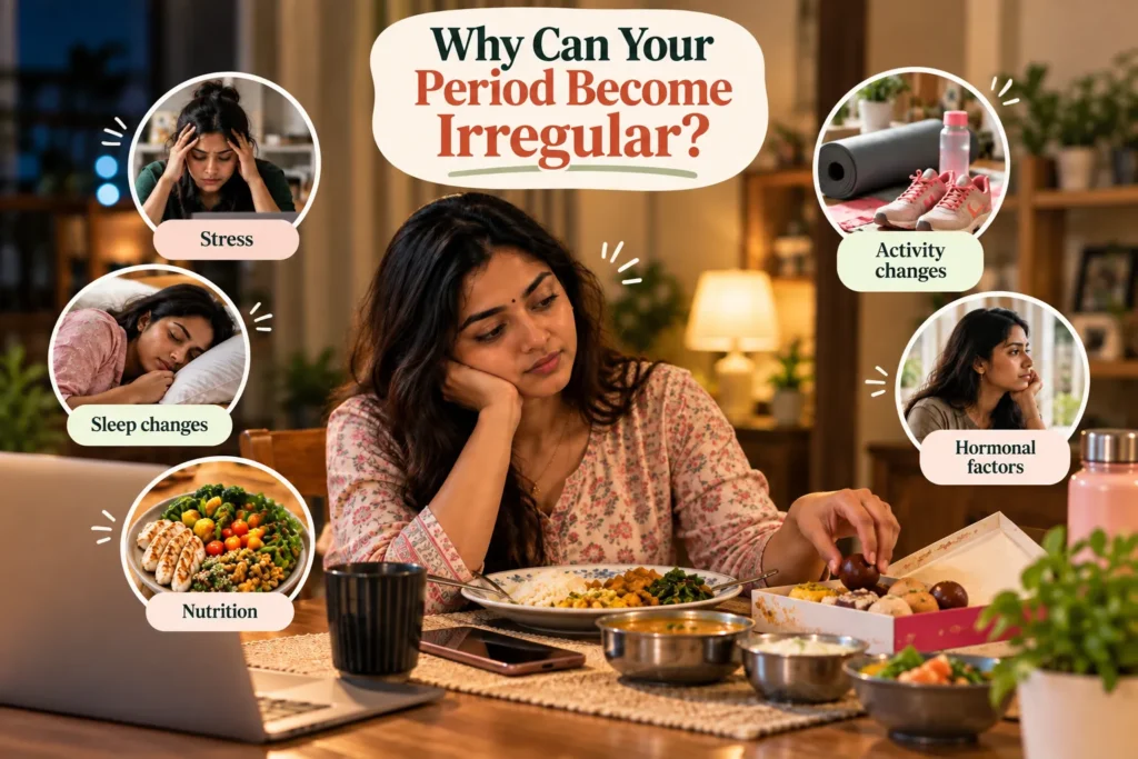 A South Asian woman in a floral pink-and-beige top sits at a dining table in a warmly lit home, resting her head on one hand while looking down thoughtfully at her meal. At the top center, a cream-colored rounded panel displays the heading “Why Can Your Period Become Irregular?” in dark green and coral-red text with a soft green underline. Five circular visual panels surround her, showing Stress at the upper left, Sleep changes below it, Nutrition at the lower left, Activity changes at the upper right, and Hormonal factors on the lower right. The nutrition panel shows grilled chicken with green vegetables and colorful foods, while the activity panel shows pink athletic shoes, a yoga mat and water bottle. On the table are a plate of rice and vegetables, small bowls of food, a dessert box, smartphone, black cup and laptop, with a pink water bottle on the right. The warm brown, beige, green and coral color palette creates an informative health infographic illustrating lifestyle and hormonal factors that may be associated with irregular periods.