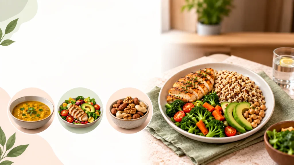 A bright nutrition-focused image shows a large balanced meal bowl positioned on the right, containing grilled chicken, quinoa or mixed grains, broccoli, carrots, cherry tomatoes, avocado, and chickpeas. Three smaller circular food images appear across the lower left, showing a yellow lentil dish, a colorful chicken and vegetable salad, and a bowl of mixed almonds, walnuts, cashews, and other nuts. The main meal is placed on a muted sage-green cloth over a light wooden table, with a glass of lemon water visible in the upper-right background. The design uses a soft cream and white background with pale peach and sage-green rounded shapes and botanical leaf illustrations along the left edges. The large bowl emphasizes protein, whole grains, vegetables, healthy fats, and legumes, while the smaller food circles present additional nutritious meal components. The overall composition creates a clean, warm, natural visual representing balanced eating and healthy nutrition choices.