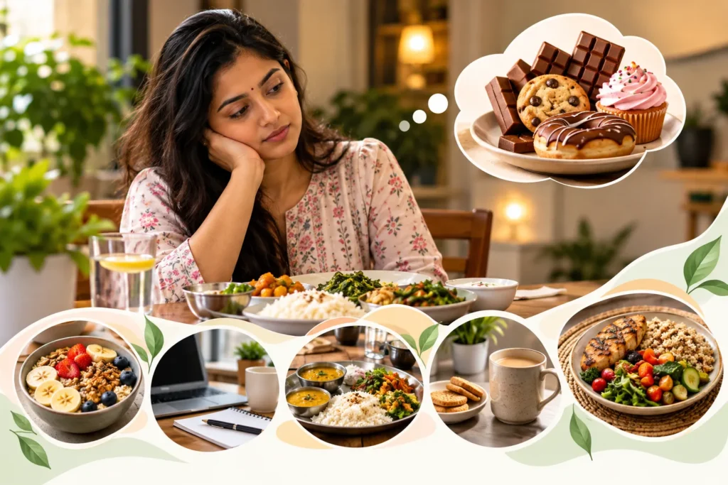 A realistic Indian woman in a light pink floral top sits at the center-left of a warmly lit dining table, resting her cheek on her hand and looking thoughtfully toward a floating image of sweet foods. At the upper right, a white thought bubble contains chocolate bars, cookies, a pink-frosted cupcake, and chocolate-glazed doughnuts, representing cravings for sugary foods. In front of the woman is a balanced meal with white rice, leafy greens, mixed vegetables, and small bowls of sides, with a glass of lemon water placed on the left. Five rounded circular food scenes appear across the bottom, showing a fruit-and-granola bowl, a laptop with a notebook, a balanced Indian meal, coffee with biscuits, and grilled chicken with vegetables and grains. The design uses soft cream, pale green, peach, and white decorative shapes with botanical leaf accents around the lower section, creating a warm natural nutrition-focused aesthetic. The overall image contrasts sweet-food cravings with balanced meal choices and everyday healthy eating habits in a comfortable home dining setting.
