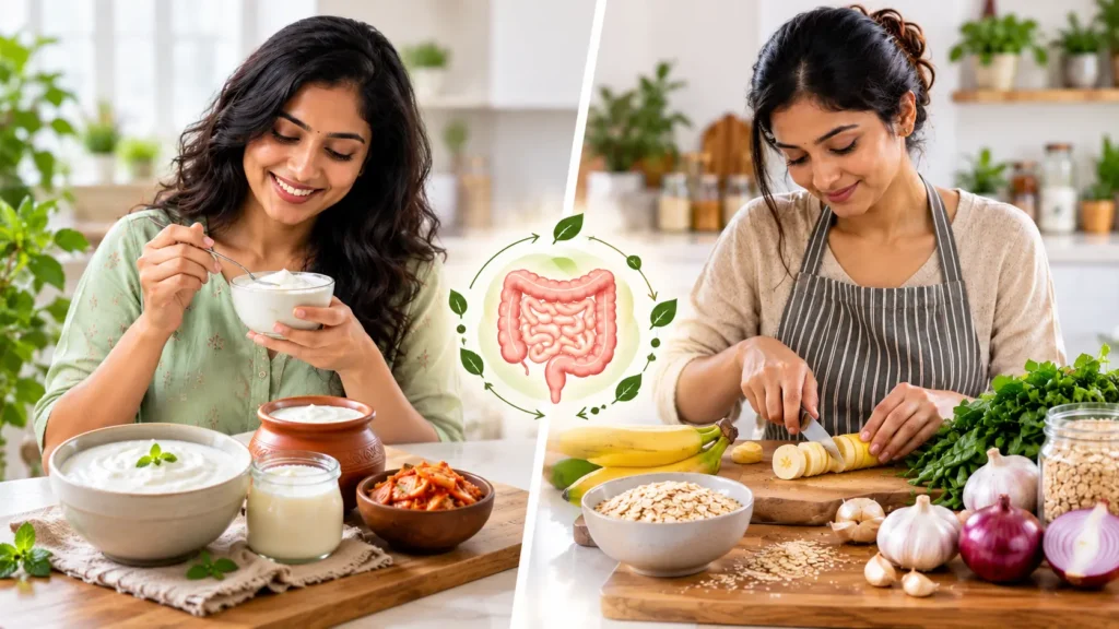 Split-screen wellness image showing two Indian women and gut-health foods: left, a smiling woman in a light green top eating white yogurt beside bowls of yogurt and fermented vegetables; right, a woman in a beige top and dark striped apron slicing bananas among oats, leafy greens, garlic and red onions. A central pink digestive-system illustration with green leaves connects both sides. Bright white, beige, green and warm wood tones create a fresh, natural look.