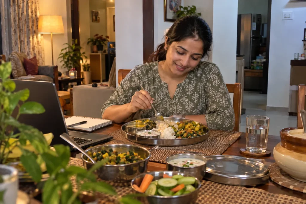 A South Asian woman in a grey-green patterned kurta sits at a wooden dining table, smiling while eating a balanced Indian meal with a spoon. At the center, a stainless-steel thali contains white rice, yellow dal, mixed green and orange vegetables, and a small bowl of raita. In the foreground, additional stainless-steel bowls hold cooked vegetables, yogurt-based raita, and sliced cucumber and carrots. A silver laptop and open notebook are positioned on the left side of the table, while a clear glass of water sits on the right. The warm indoor setting features brown wooden furniture, beige furnishings, green houseplants, patterned curtains, and soft yellow lamp lighting in the background. The image presents a relaxed home dining scene focused on enjoying a wholesome Indian meal with rice, vegetables, dal, salad, and yogurt.