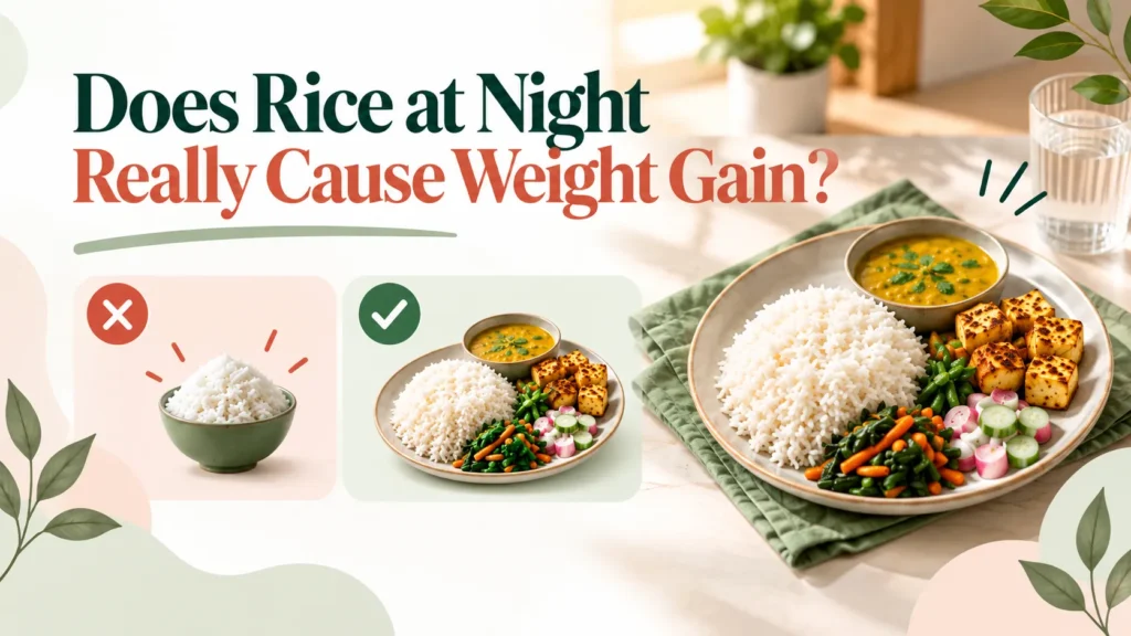 A clean nutrition infographic asks, “Does Rice at Night Really Cause Weight Gain?” in large dark green and coral text across the upper left. On the left, a red circular X appears above a small bowl of plain white rice, while the center shows a green check beside a balanced plate. On the right, a large beige plate contains white rice, yellow dal, grilled paneer cubes, green beans, carrots, cucumber and radish slices. The meal is placed on a folded sage-green cloth on a light cream tabletop, with a clear glass of water and green plant leaves in the background. Soft pastel green and peach decorative shapes frame the infographic, with botanical leaf illustrations along the lower corners. The visual contrasts eating plain rice alone with a balanced rice-based meal containing vegetables, protein and dal.
