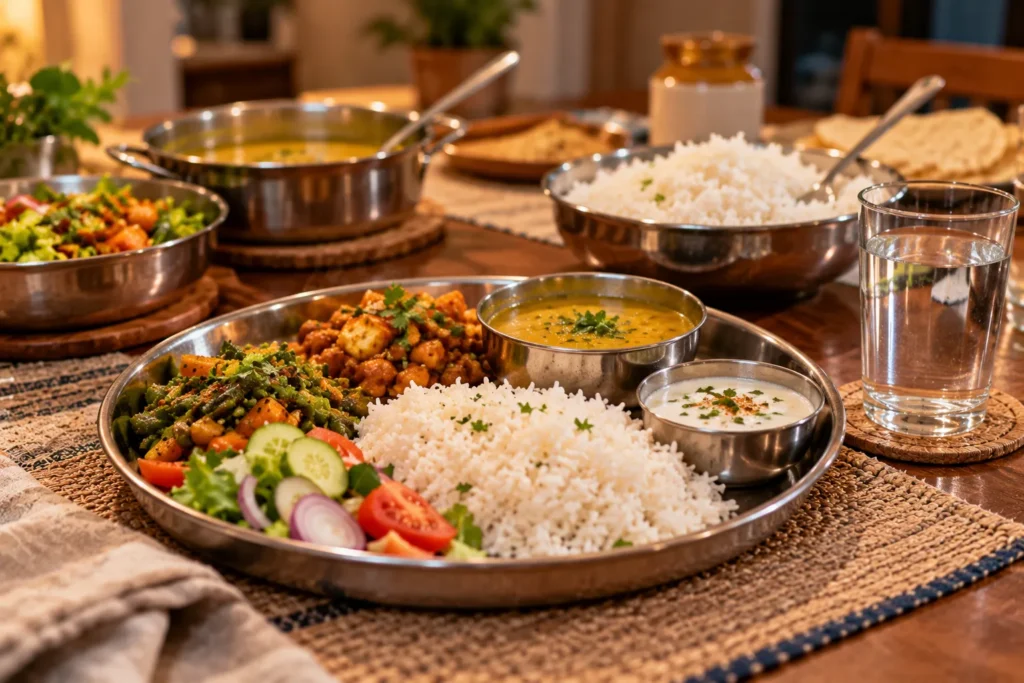 A traditional Indian thali is arranged on a dark wooden dining table with a warm, softly lit background. At the center, a large stainless-steel plate contains white rice, mixed vegetable curry, sautéed vegetables, salad with cucumber, tomato and onion, dal, and raita. The food is garnished with fresh green coriander, with yellow, orange, green, red and white ingredients creating a colorful presentation. In the background, separate stainless-steel bowls hold rice, dal and vegetables, with rotis placed on plates behind them. A clear glass of water sits on the right side, while the meal is presented on a textured brown woven table mat. The image highlights a balanced Indian meal featuring rice, vegetables, lentils, salad, yogurt and traditional accompaniments.